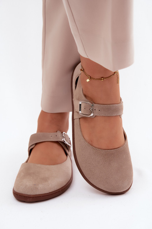 Leather Suede Ballerinas Barefoot With Strap Zazoo N1319 Beige