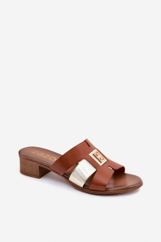 Leather women's slippers with heels Zazoo 40517 in brown color