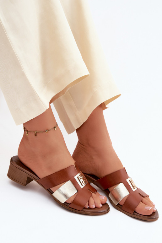 Leather women's slippers with heels Zazoo 40517 in brown color