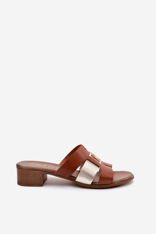 Leather women's slippers with heels Zazoo 40517 in brown color