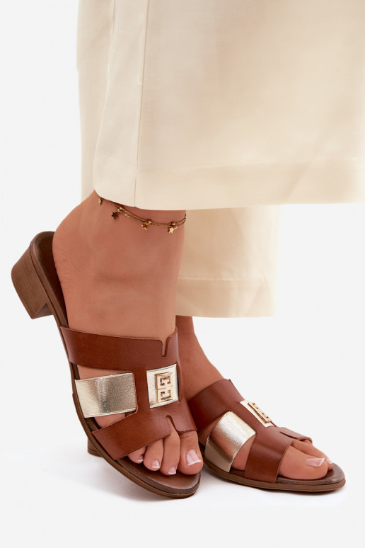 Leather women's slippers with heels Zazoo 40517 in brown color