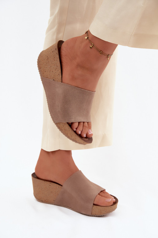 Zazoo 40311 Suede Women's Slides With Cork Platform Dark Beige