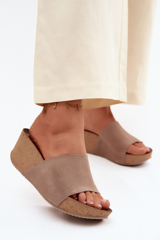 Faux suede women's slippers on cork sole in sand color Zazoo 40311