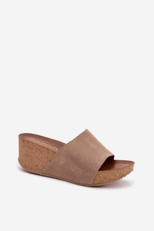Faux suede women's slippers on cork sole in sand color Zazoo 40311