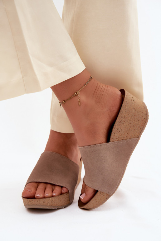 Zazoo 40311 Suede Women's Slides With Cork Platform Dark Beige