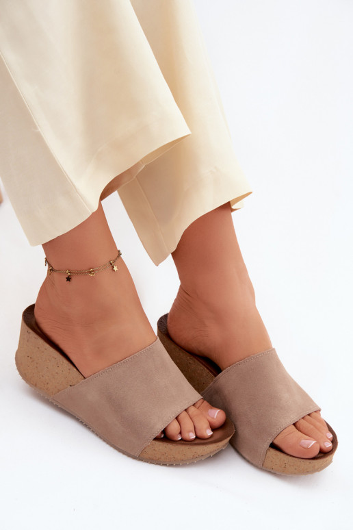 Faux suede women's slippers on cork sole in sand color Zazoo 40311