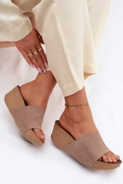 Faux suede women's slippers on cork sole in sand color Zazoo 40311