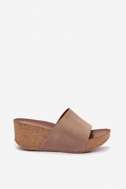 Zazoo 40311 Suede Women's Slides With Cork Platform Dark Beige