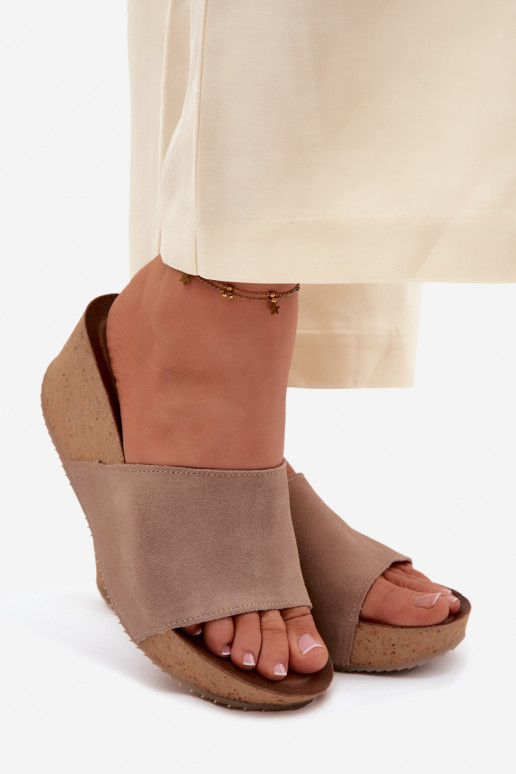 Zazoo 40311 Suede Women's Slides With Cork Platform Dark Beige