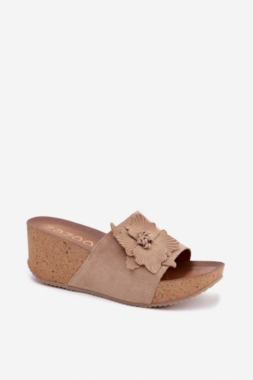 Faux suede women's slippers with platform and decorative flowers Zazoo 40312 in cappuccino color