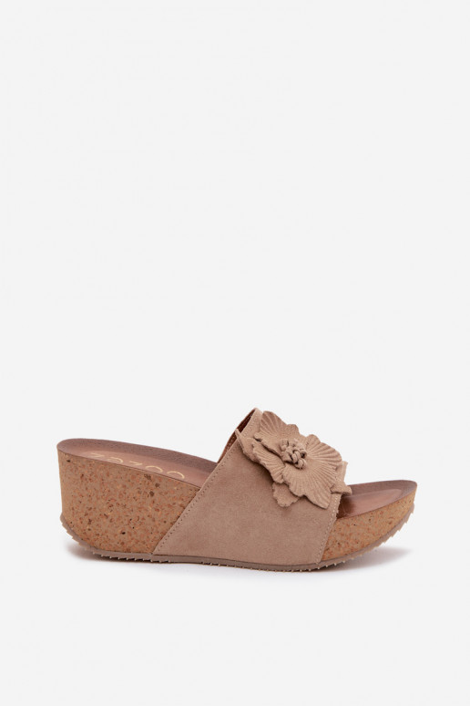 Faux suede women's slippers with platform and decorative flowers Zazoo 40312 in cappuccino color