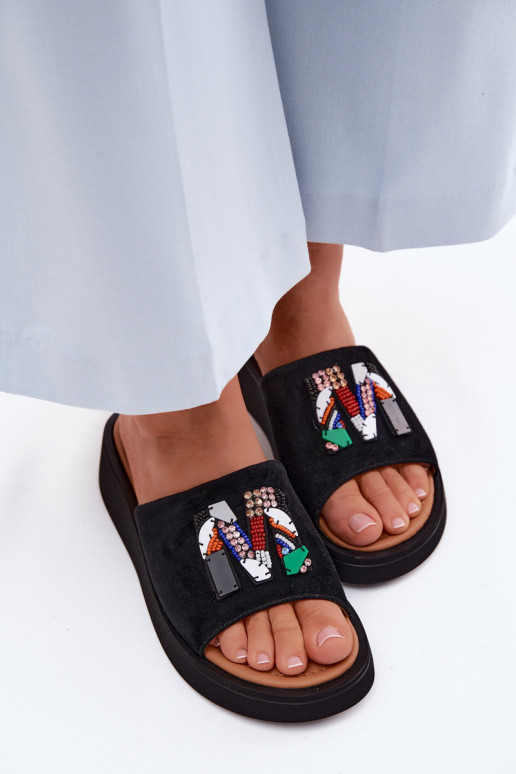 Leather Suede Women's Platform Decorated Slides Vinceza 66942 Black
