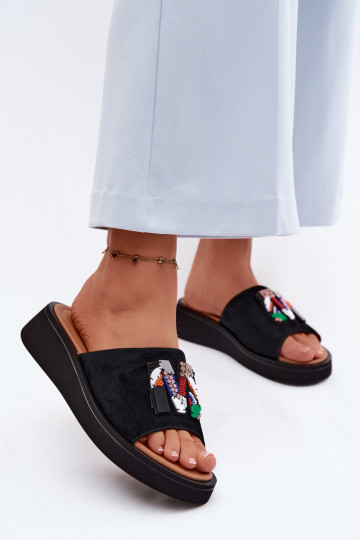 Leather Suede Women's Platform Decorated Slides Vinceza 66942 Black 2