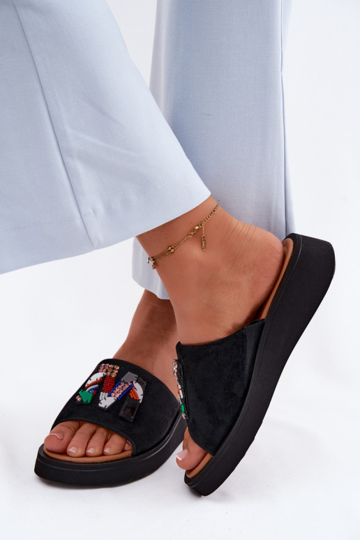 Leather Suede Women's Platform Decorated Slides Vinceza 66942 Black