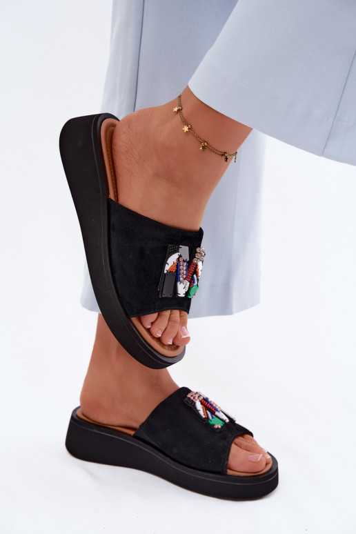 Leather Suede Women's Platform Decorated Slides Vinceza 66942 Black