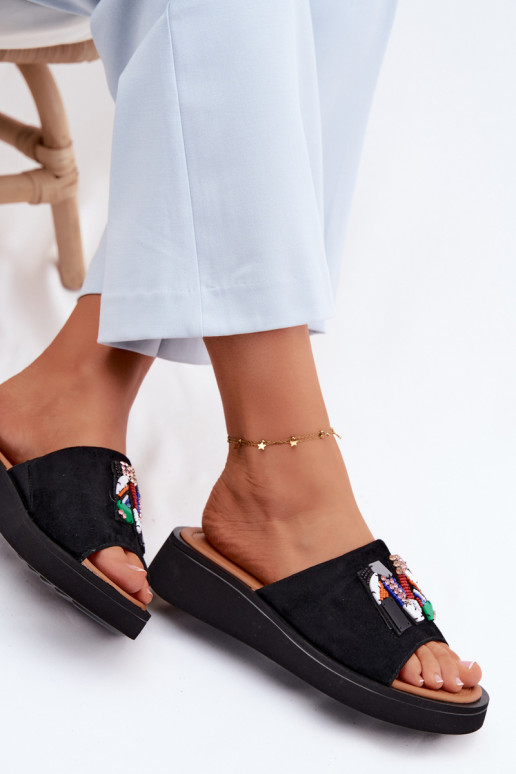 Leather Suede Women's Platform Decorated Slides Vinceza 66942 Black