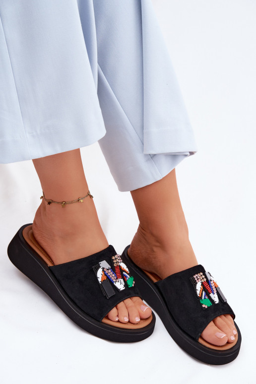 Faux suede women's slippers with ornaments and platform Vinceza 66942 in black color