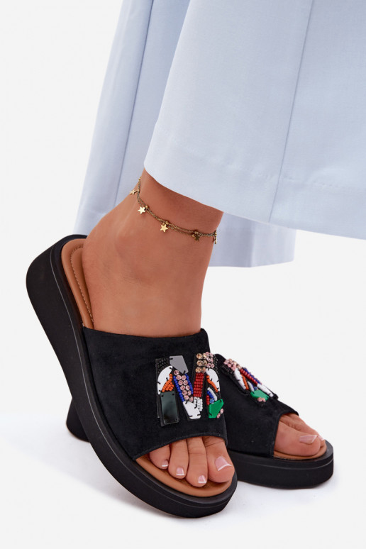 Leather Suede Women's Platform Decorated Slides Vinceza 66942 Black