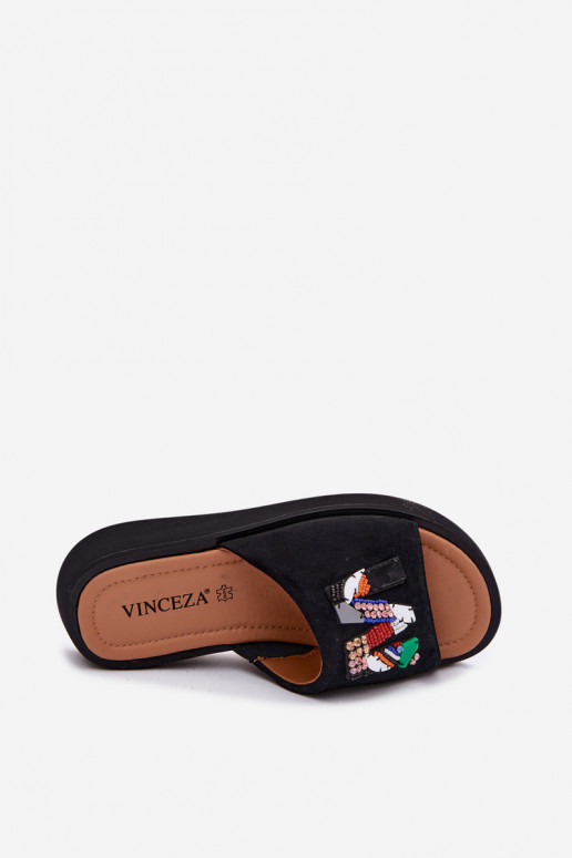 Faux suede women's slippers with ornaments and platform Vinceza 66942 in black color
