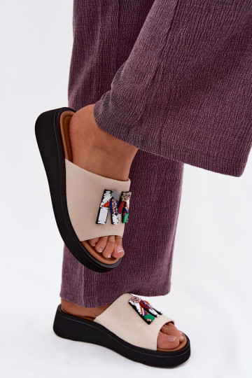 Leather Suede Women's Platform Decor Sandals Vinceza 66942 Beige