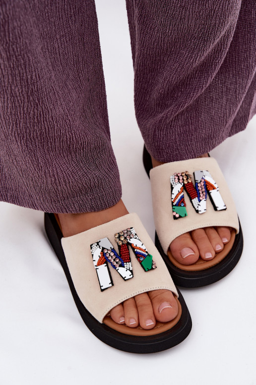 Skórzane Zamszowe Klapki DamskiewithOzdobą Na Platformie Vinceza 66942 Beżowe