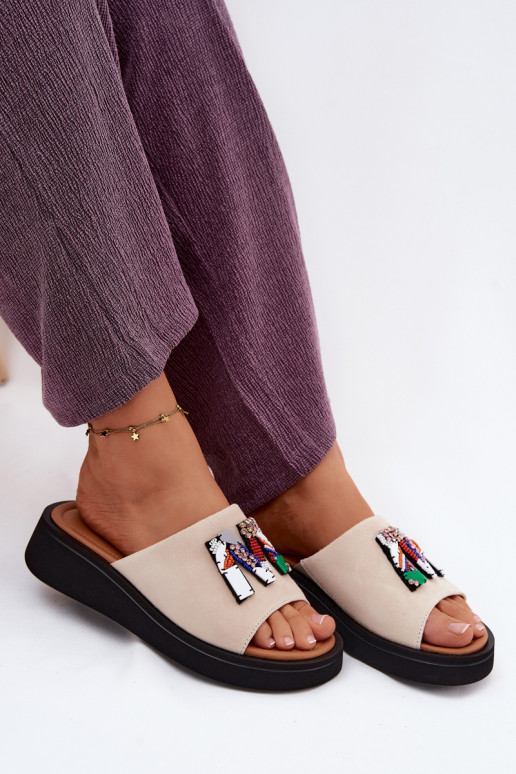 Leather Suede Women's Platform Decor Sandals Vinceza 66942 Beige