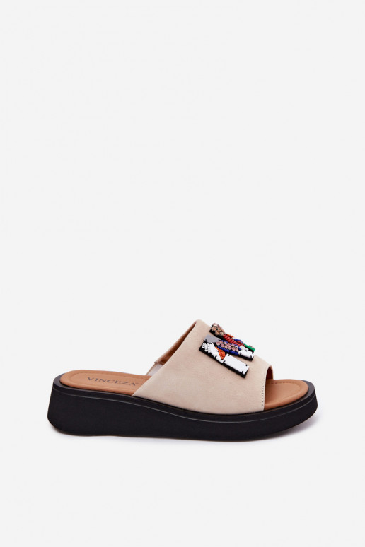 Leather Suede Women's Platform Decor Sandals Vinceza 66942 Beige