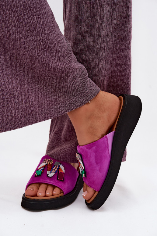 Skórzane Zamszowe Klapki DamskiewithOzdobą Na Platformie Vinceza 66942 Fuksja