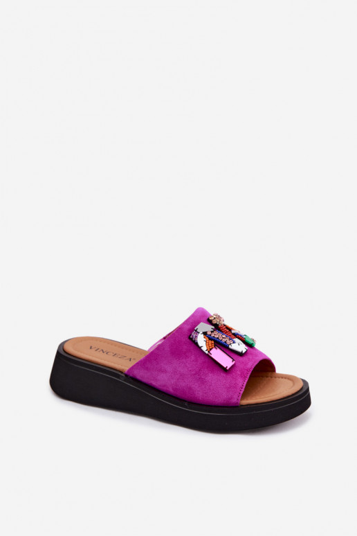Faux suede women's slippers with ornaments and platform Vinceza 66942 in pink color
