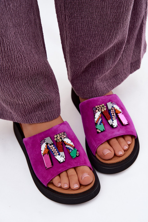 Faux suede women's slippers with ornaments and platform Vinceza 66942 in pink color