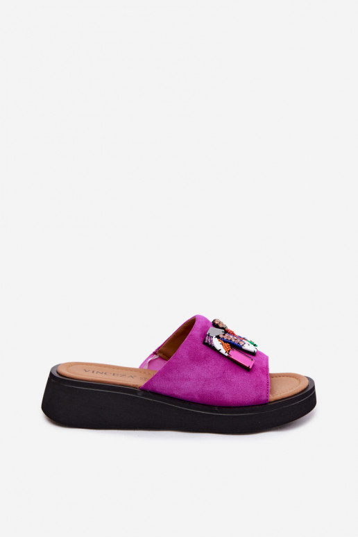 Faux suede women's slippers with ornaments and platform Vinceza 66942 in pink color