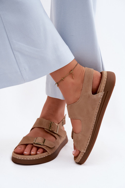 Faux suede women's sandals with buckles Vinceza 79620 in brown color