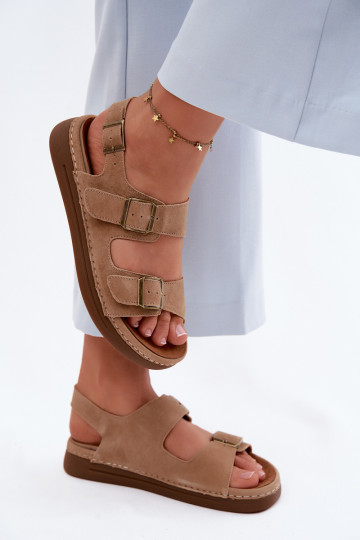 Leather Suede Women's Sandals With Buckles Vinceza 79620 Brown 2