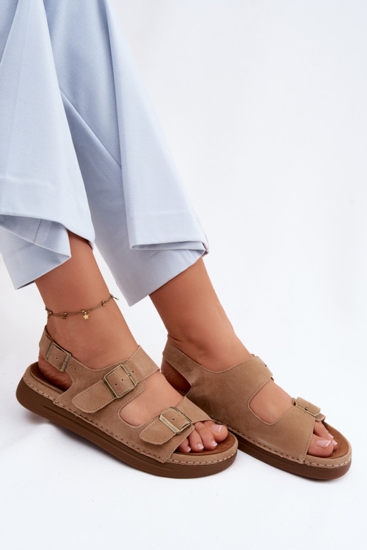 Leather Suede Women's Sandals With Buckles Vinceza 79620 Brown