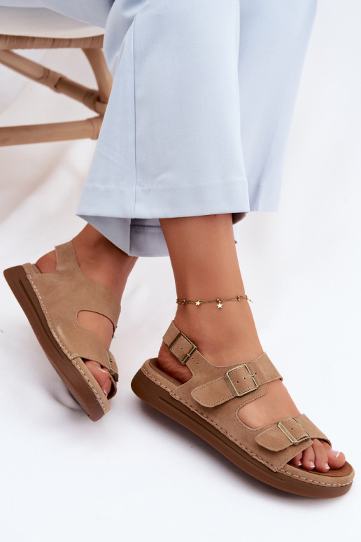 Leather Suede Women's Sandals With Buckles Vinceza 79620 Brown