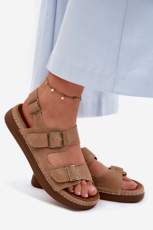 Leather Suede Women's Sandals With Buckles Vinceza 79620 Brown