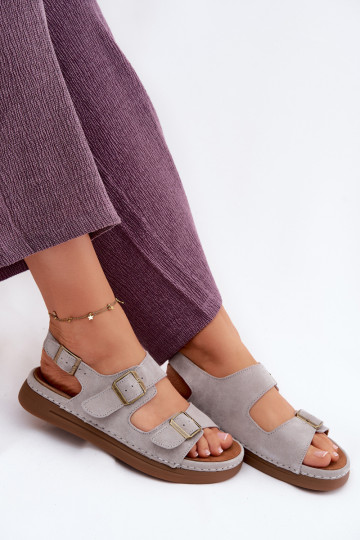 Leather Suede Women's Sandals With Buckles Vinceza 79620 Gray