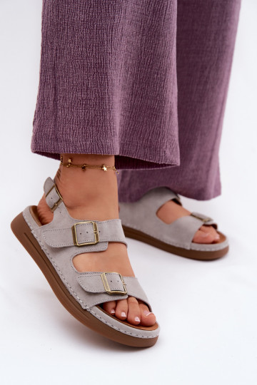 Leather Suede Women's Sandals With Buckles Vinceza 79620 Gray 2