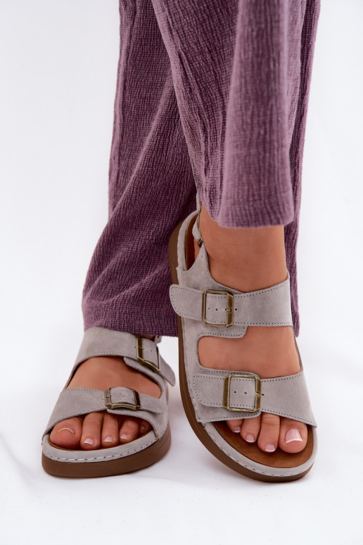 Leather Suede Women's Sandals With Buckles Vinceza 79620 Gray