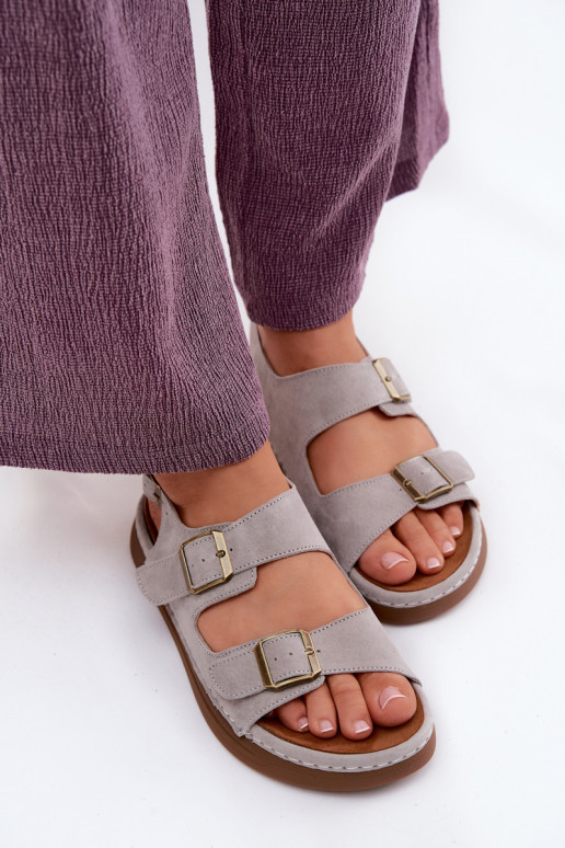 Leather Suede Women's Sandals With Buckles Vinceza 79620 Gray
