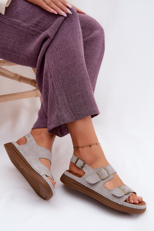 Gray faux suede women's sandals with buckles Vinceza 79620