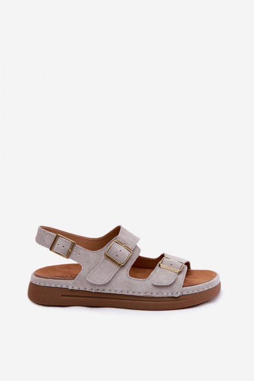 Leather Suede Women's Sandals With Buckles Vinceza 79620 Gray