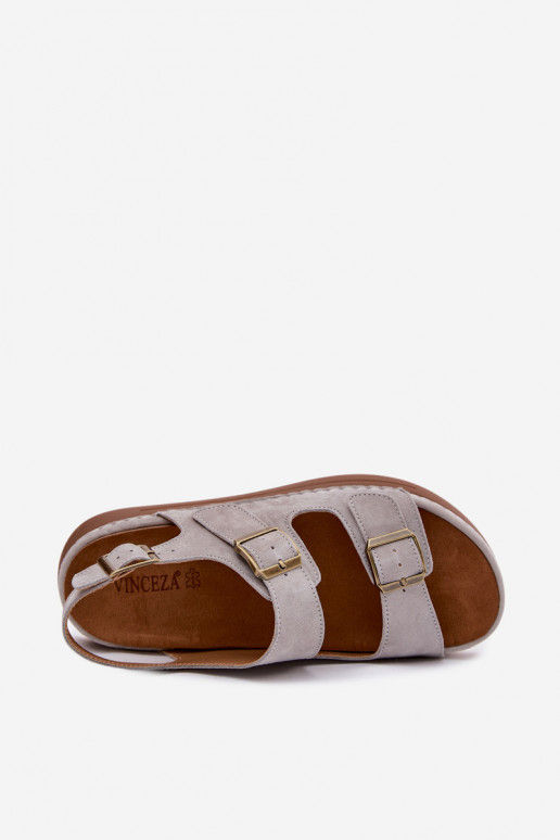 Leather Suede Women's Sandals With Buckles Vinceza 79620 Gray