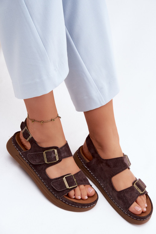 Leather Suede Women's Sandals With Buckles Vinceza 79620 Chocolate