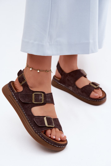 Brown faux suede women's sandals with buckles Vinceza 79620 2