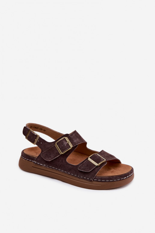 Brown faux suede women's sandals with buckles Vinceza 79620