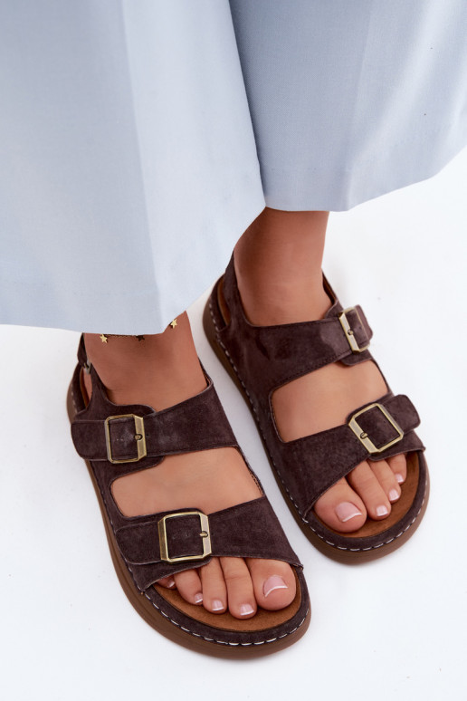 Skórzane Zamszowe Sandały DamskiewithKlamrami Vinceza 79620 Czekoladowe