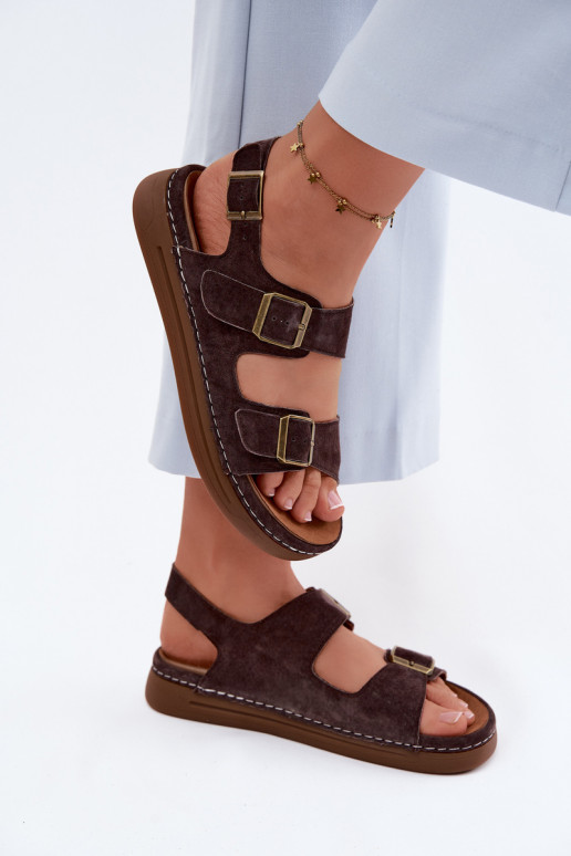 Leather Suede Women's Sandals With Buckles Vinceza 79620 Chocolate