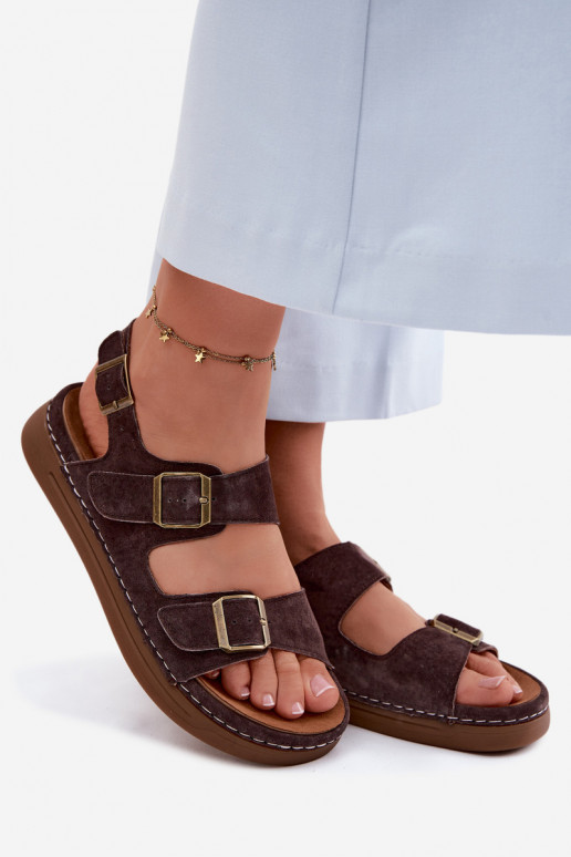 Leather Suede Women's Sandals With Buckles Vinceza 79620 Chocolate