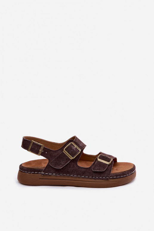 Leather Suede Women's Sandals With Buckles Vinceza 79620 Chocolate